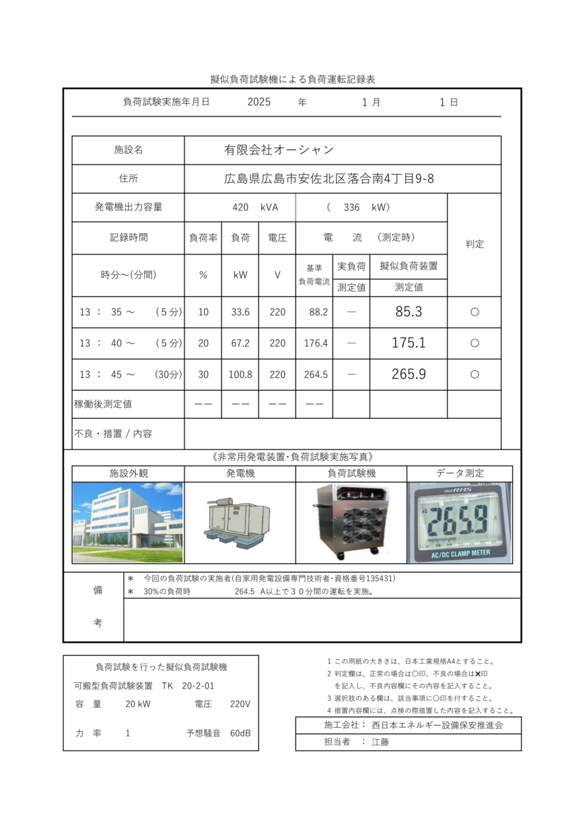 擬似負荷試験　消防署　提出　報告書